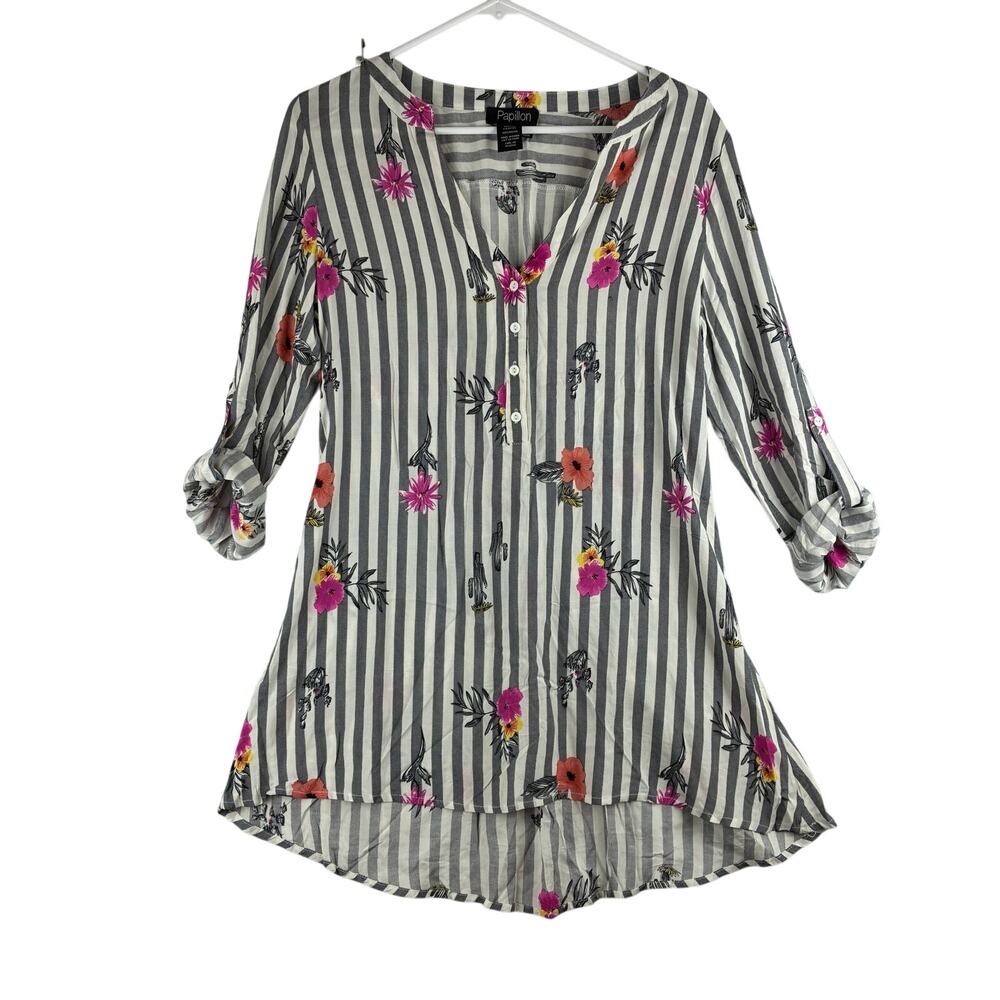 Papillon Tunic Blouse Women's Small Striped Floral Roll Tab Sleeve Popover Long